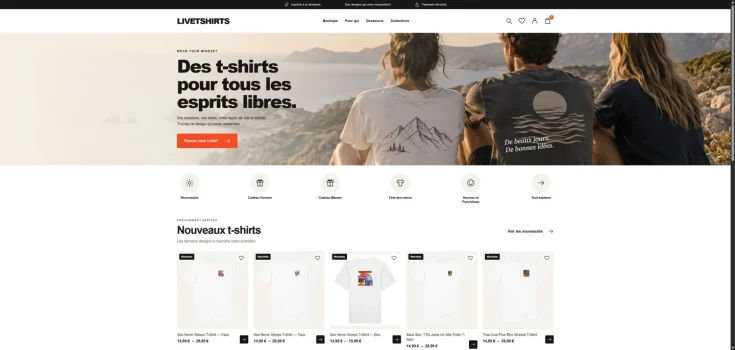 Capture de la page d’accueil de LiveTshirts en français — 15 septembre 2026