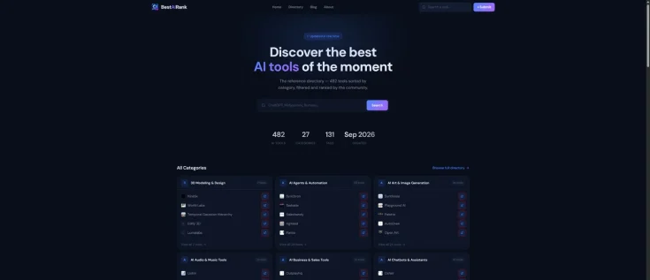 Capture de la page d’accueil de BestAIRank en anglais — 15 septembre 2026
