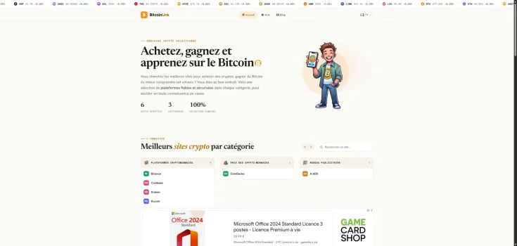 Capture de la page d’accueil de BitcoinLink en français — 15 septembre 2026