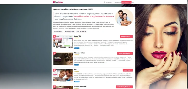 Capture de la page d’accueil de TopDatings en français — 15 septembre 2026